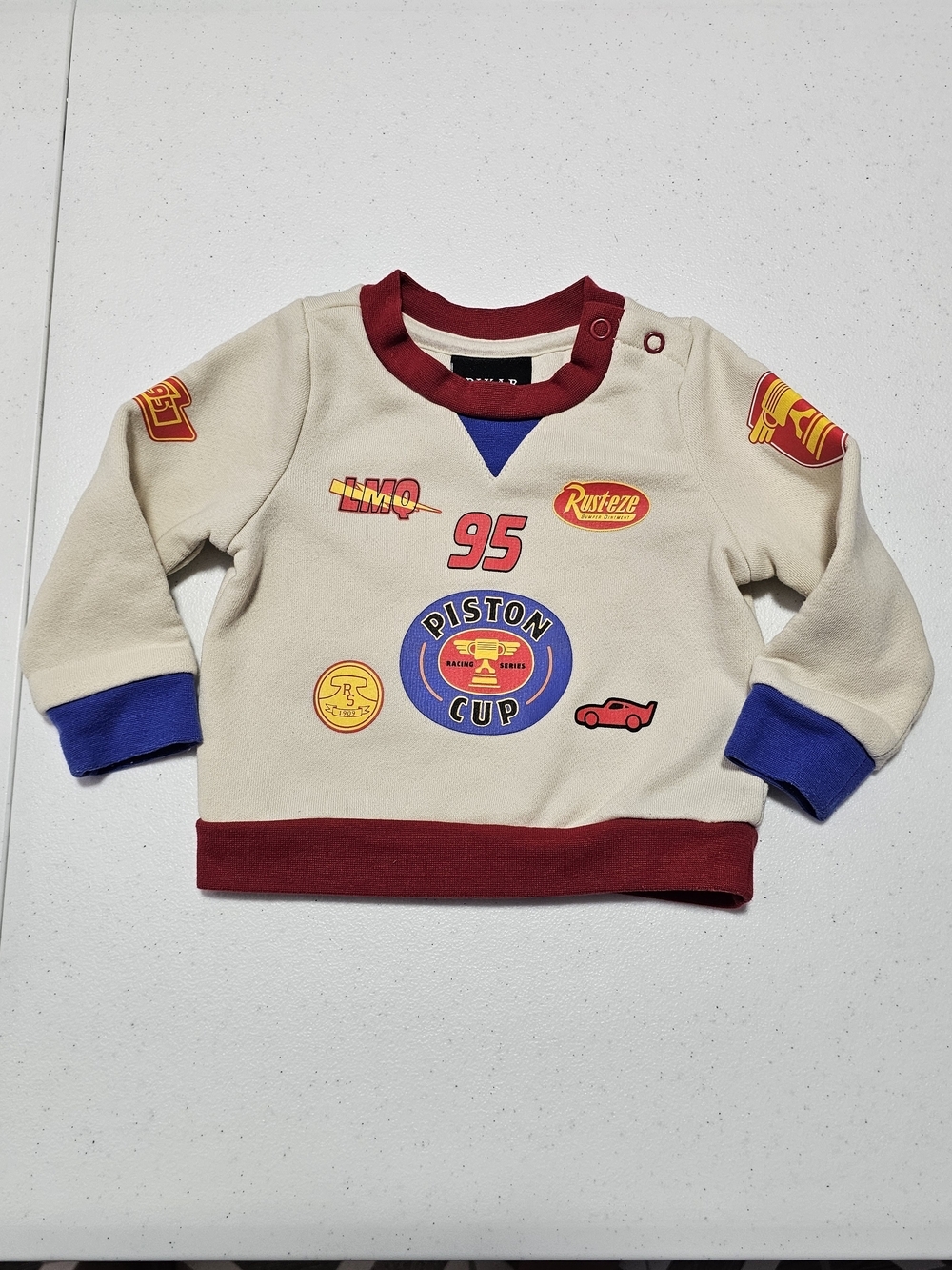 Disney Pixar Cars Infant Long Sleeve Cream Piston Cup Sweatshirt Red Blue Trim